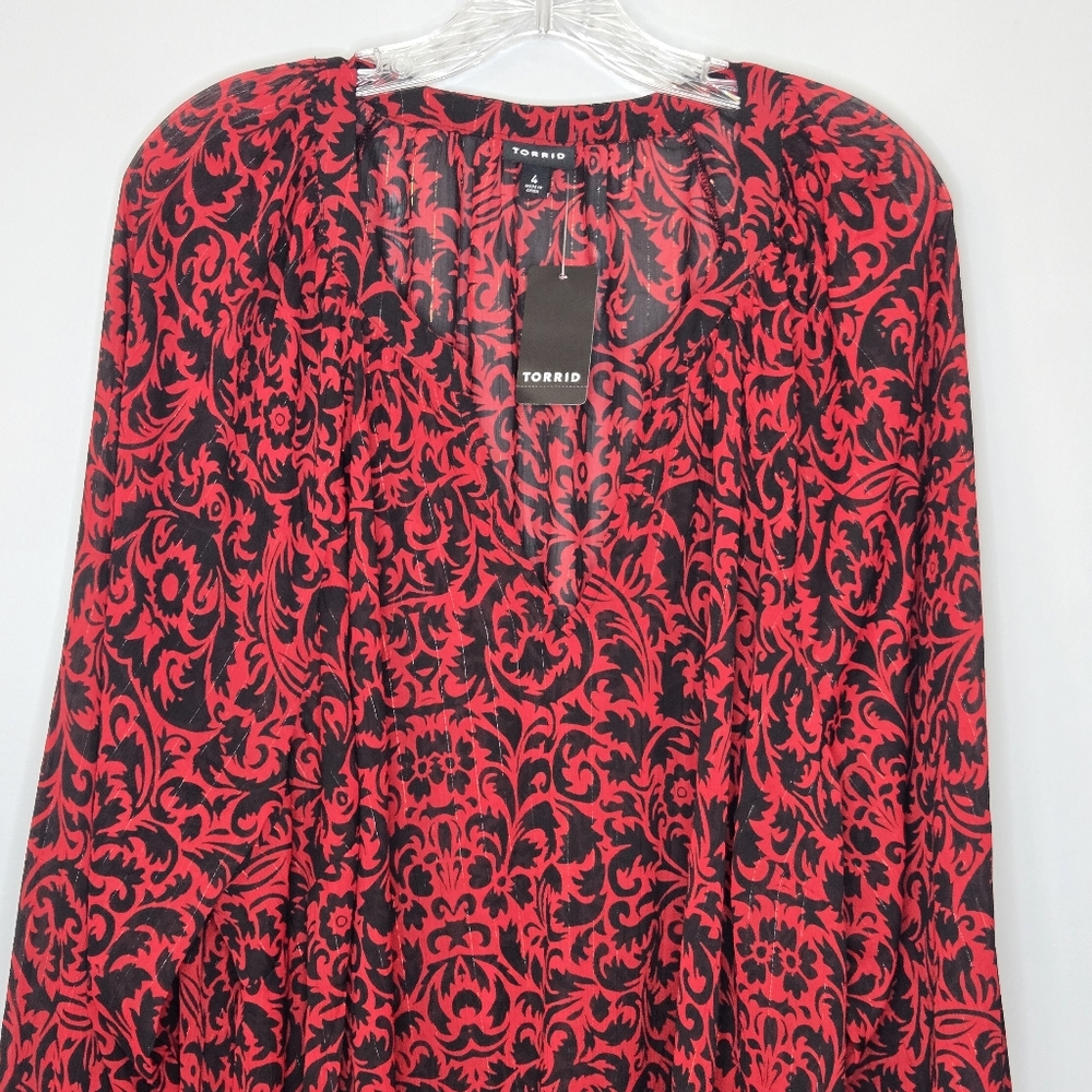 NWT Torrid Crinkle Chiffon Sheer Long Sleeve Blouse Red Black Fleur Size 4X - Picture 5 of 10